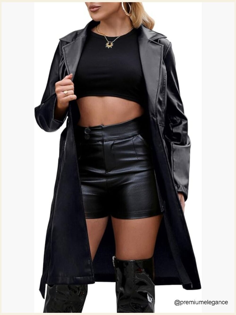 Faux Leather Trench Coat with Belt, Loose Fit, Knee Length, Long Sleeve